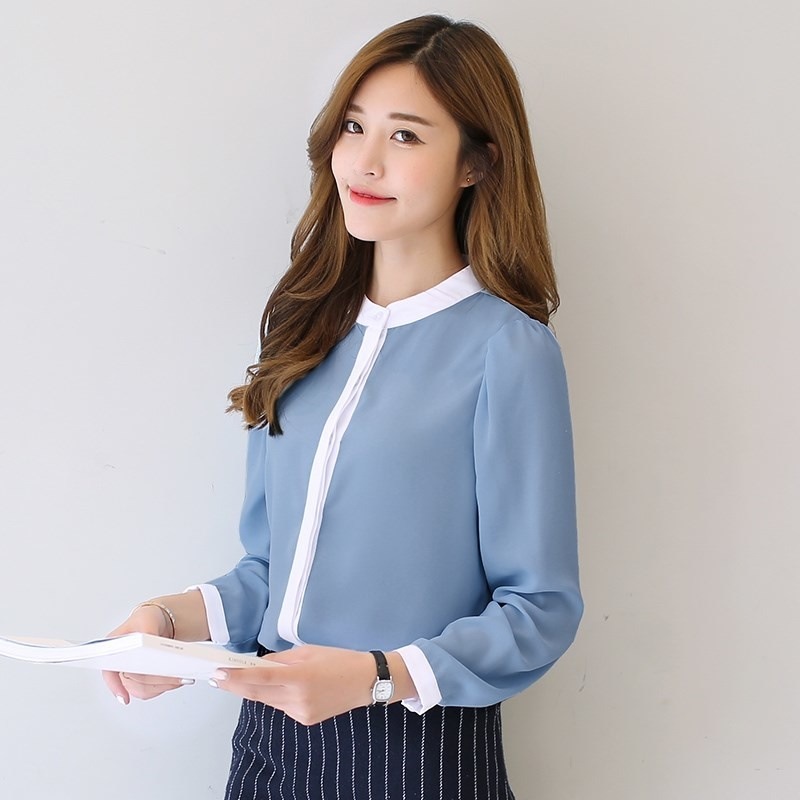 2565.バイカラーUネックブラウス（ブルー）2019 春夏 sale 春夏 sale トップス セクシー カジュアル 長袖 ミディアム 通勤 通学 女子会 カフェ ランチ リゾート 100,000円