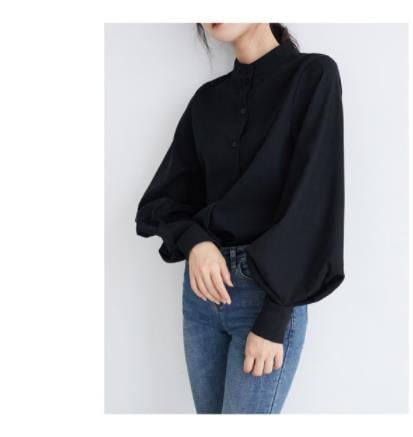 リアルで優しい風のデザイン感小衆立襟パフスリーブ韓範磨毛長袖シャツ女