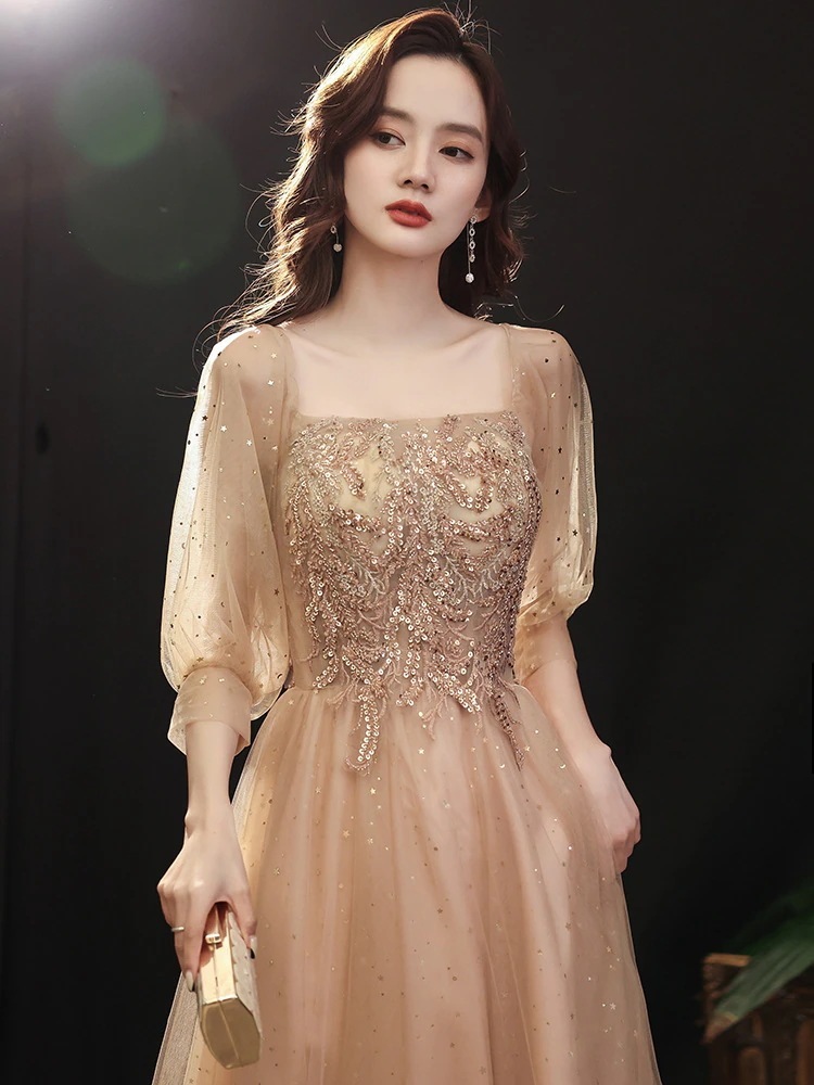 婚約イブニングドレス女性宴会気質ホスト学生美術試験ボーカルトースト花嫁ミドル丈