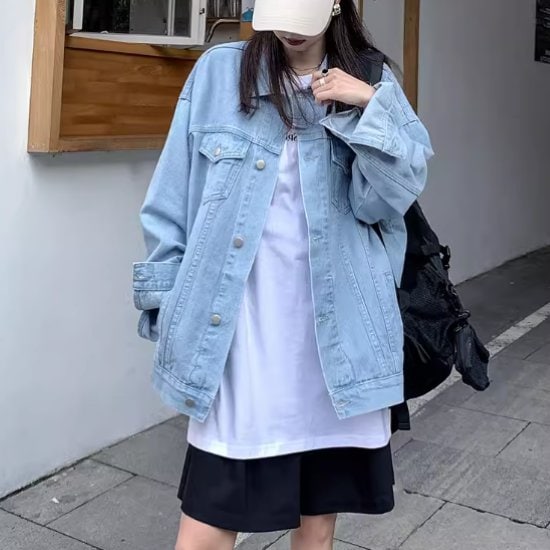 デニムジャケット レディース アウター ジャケット 長袖ジャケット 羽織 デニム ルーズシルエット 襟あり ポロ襟 ボタン カジュアル お出かけ おしゃれ ライトブルー ファッション 女性