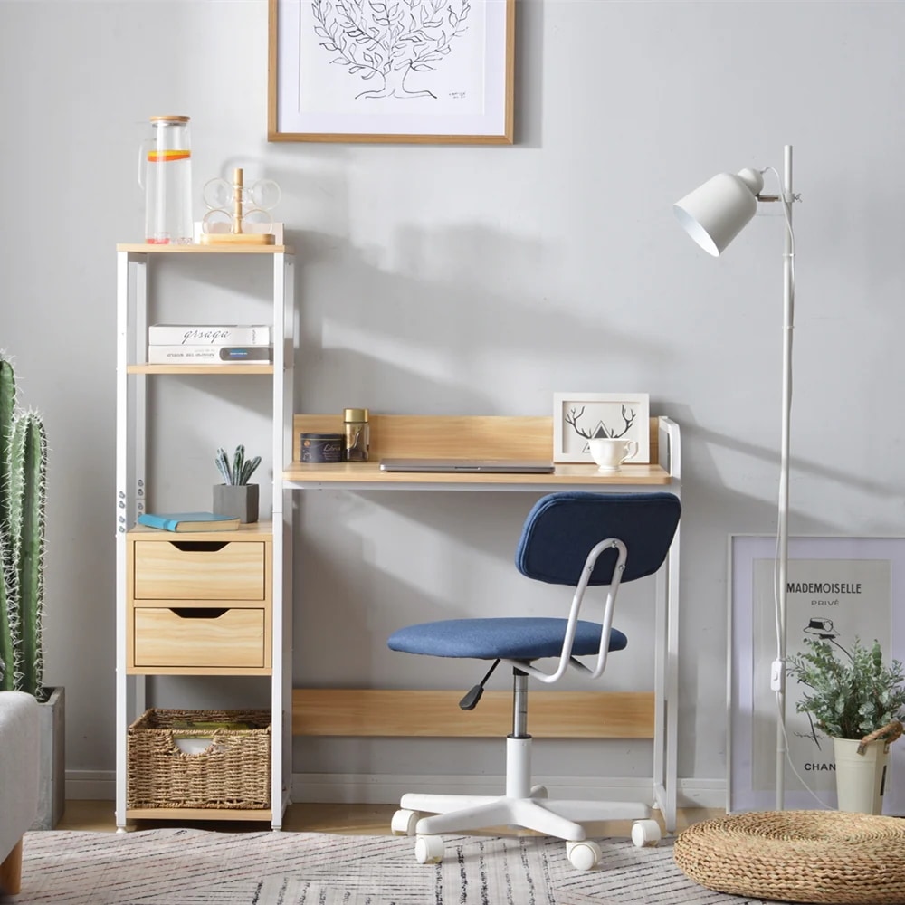 715【人気商品】【ナチュラル】パソコンデスク 引き出し付き　3段シェルフ付 パソコンデスク 木製 ミシン台 書斎机 学習机 勉強机