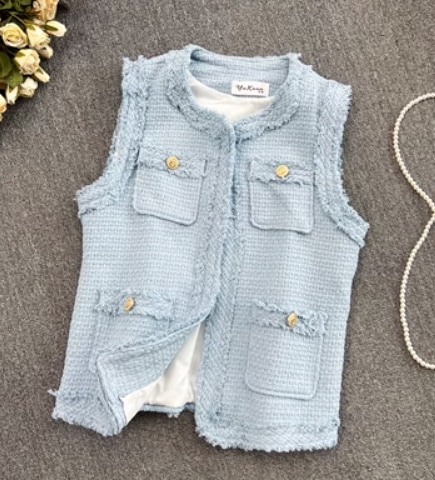 トップス デート モテアイテム ベスト ツイード ポケット 前開きー ウール 大人可愛い きれいめ 上品 おしゃれ かっこいい 大人可愛い ラブリー キュート ガーリー クール モード系 セクシー