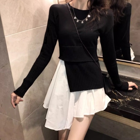 レディース ワンピース ニット プルオーバー ドレス フレア ニットワンピ ミニ 膝上 長袖 ラウンドネック フレア アシンメトリー 切り替え ドッキング フェミニン シフォン フリル 薄手