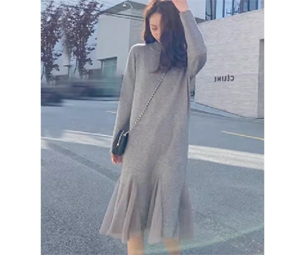 レディース ワンピース プルオーバー ミモレ ロング 長袖 ハイネック Aライン 切り替えデザイン ドッキング メッシュ 大人可愛い きれいめ シンプル カジュアル 上品 おしゃれ レトロ ラフ