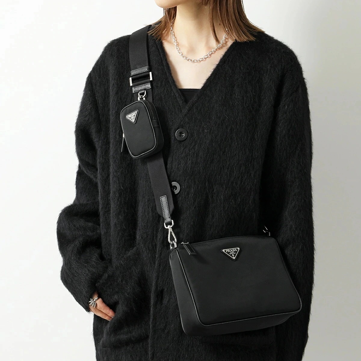 PRADA プラダ ショルダーバッグ 2VH113 2DMH レディース TESSUTO+SAFFIAN ナイロン クロスボディ ポーチ付き トライアングルロゴメタル 鞄 F0002/NERO