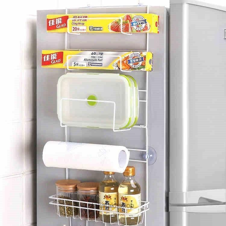 冷蔵庫サイドラック 棚 キッチンラック キッチン収納 吸盤 ラップホルダー キッチンペーパーホルダー 横収納 ワイド収納バスケット 小物入れ