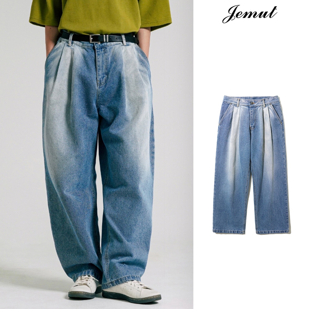 [JEMUT] Ice Two Tuck Washing Wide Denim Pants