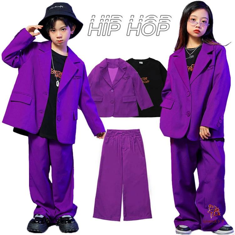 [新品入荷]紫 カジュアルスーツ キッズダンス衣装 セットアップ 子供服 女の子 男の子 スーツ ゆったり ダンス衣装 スーツ キッズ ダンス 衣装 KPOP 衣装 子供スーツ ヒッ
