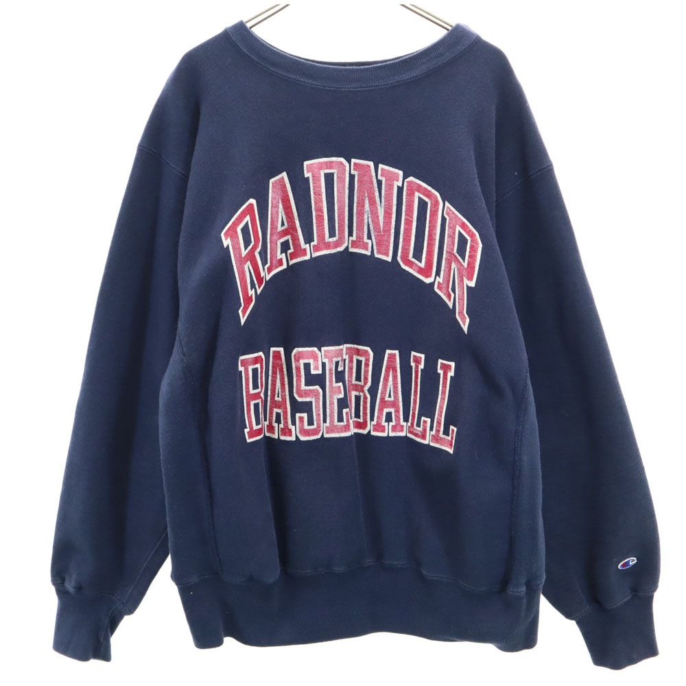 80s トリコタグ ヴィンテージ 2枚タグ リバースウィーブ プリント スウェット トレーナー L ネイビー 裏起毛 メンズ