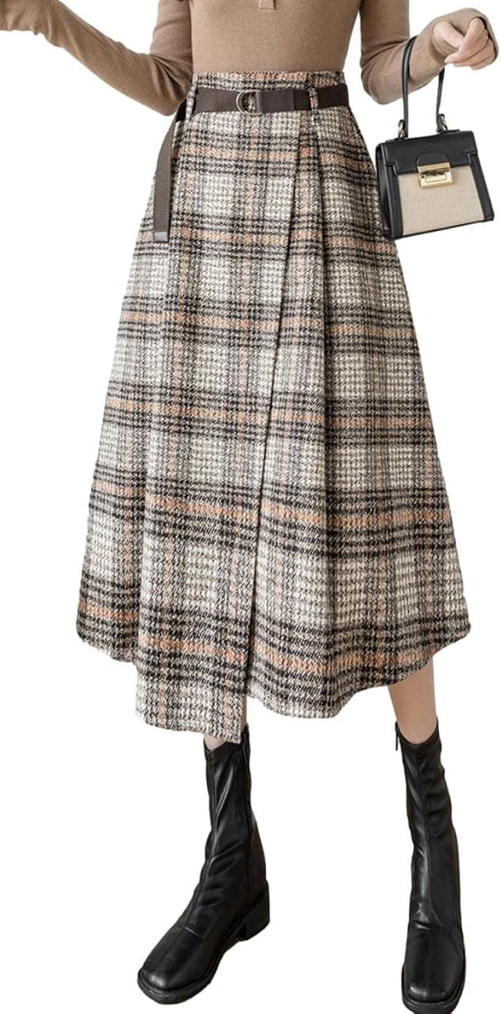 アシンメトリー チェック スカート a ライン 秋冬 厚手 暖かい きれいめ 膝丈 JS23-BG-S(ベージュ, S)