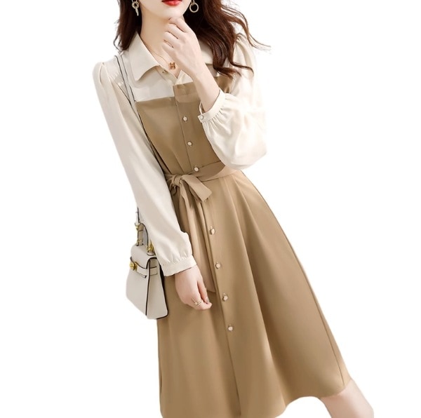 ワンピース 袖あり 長袖 襟なし シャツカラー アシンメトリー デザイン ボタン ニュアンス ベルト ウエストマーク レイヤード 装飾 バイカラー かわいい 大人可愛い きれいめ シンプル カジュアル