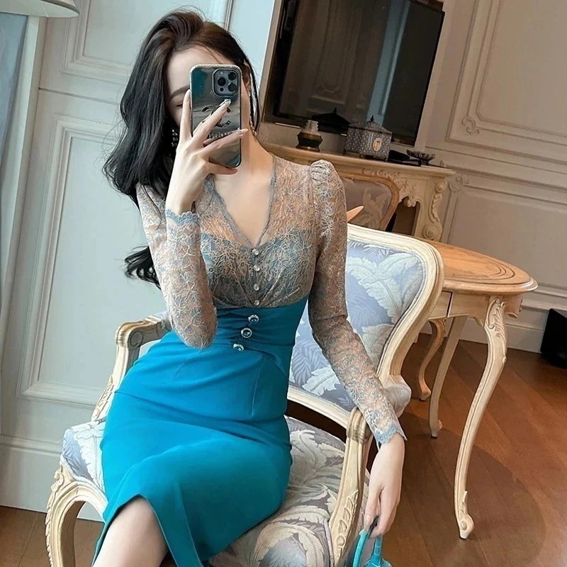 秋冬 大人 Vネック レース ドッキング ワンピース ハイウエスト パーティードレス キャバ 着痩せ 大人 同窓会 披露宴 卒業式 結婚式 演奏会 ウェディング 二次会