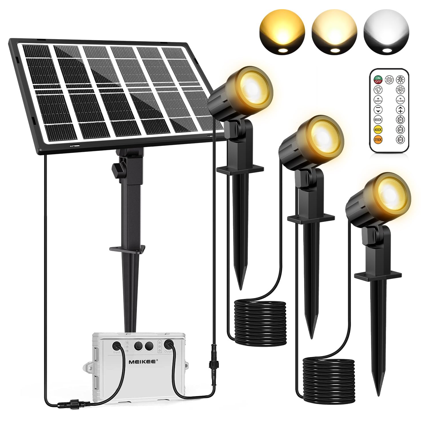 MEIKEE 改良版ソーラー ガーデンライト ソーラーライト 屋外 【リモコン付き】スポットライト電球色 昼白色 昼光色 3色切替 3段階調光 IP66防水 5000mAH 200LM＊3 明暗センサ