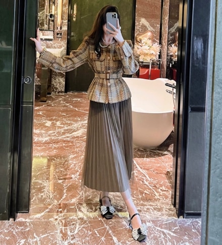 セットアップ デート ロングスカート プリーツスカート ロング丈 袖あり 長袖 Vネック 襟なし 上下セット セミフレア ツイードジャケット かわいい 大人可愛い きれいめ シンプル カジュアル