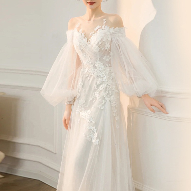 バルーンスリーブ オフショルダー ウェディングドレス ロングスカート レディース フォーマル 背中開き 透け感 上品 おしゃれ エレガント 主役級 フォーマル 無地 秋 謝恩会 結婚式 花嫁 二次会