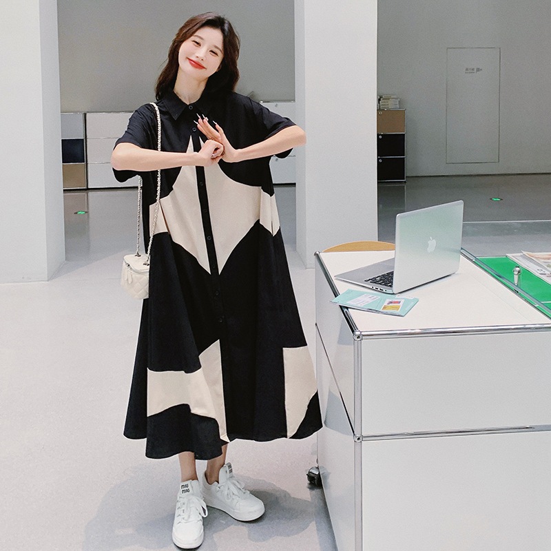 実際の撮影夏の新しい幾何学的な色の組み合わせファッション薄いワンピース韓国シャツゆったり薄いビッグサイズロングスカート