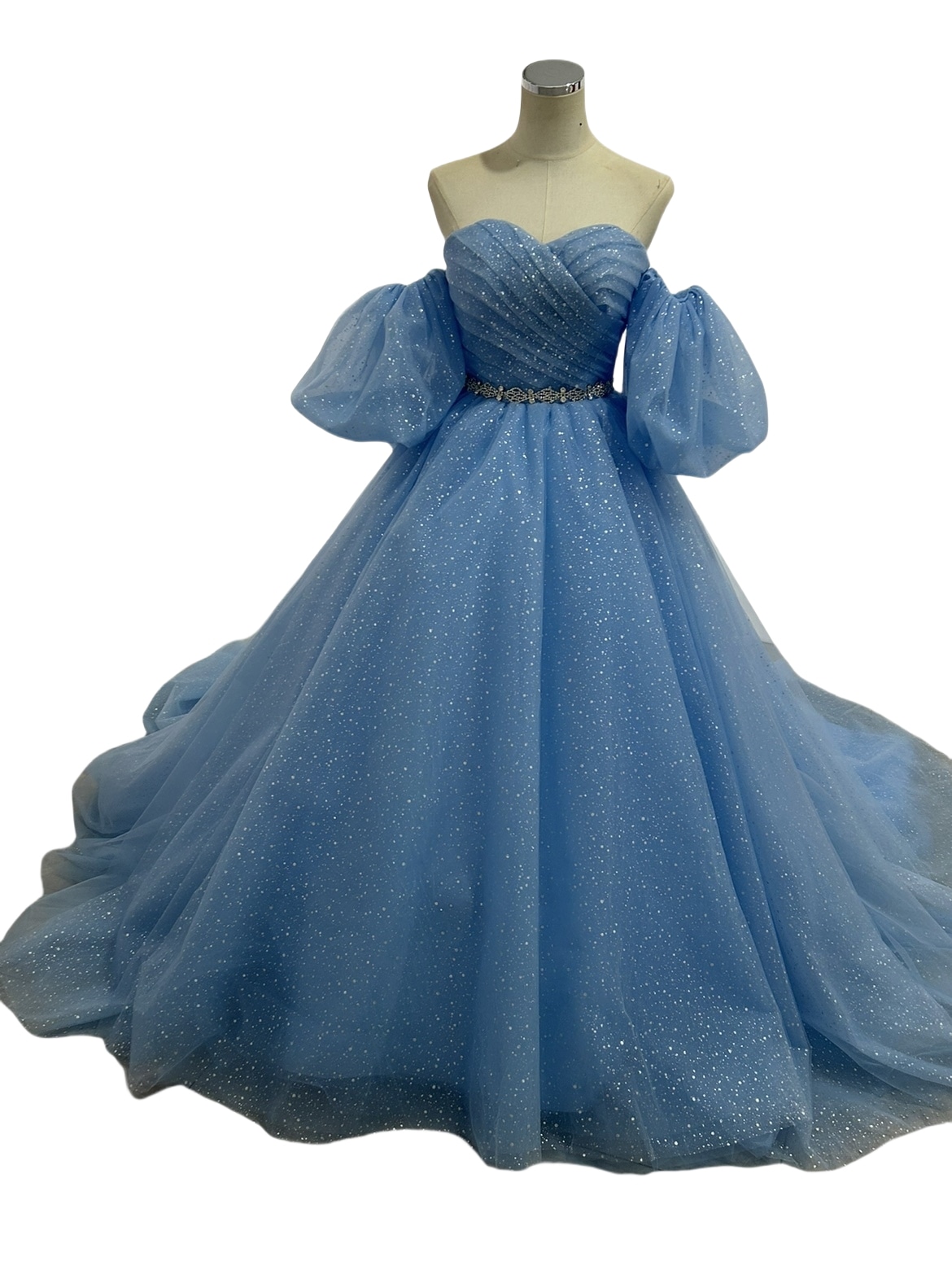 カラードレス パフスリーブ ベルト グリッタードレス 編み上げ 披露宴/結婚式 爽やかで優しいブルー