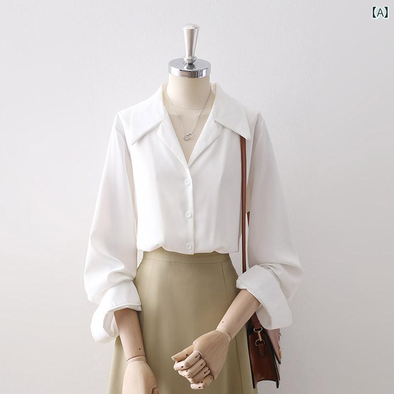 レディース トップス ブラウス ホワイト レトロスタイル カラーシャツ 秋 シンプル クラシック 通勤 OL オフィス ドレープ 長袖 シャツ