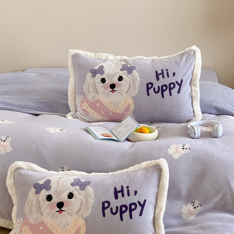 Ins マルチーズ子犬冬ミルクベルベット 4 点漫画子供用暖かい厚みのあるコーラルベルベット 3 点セット