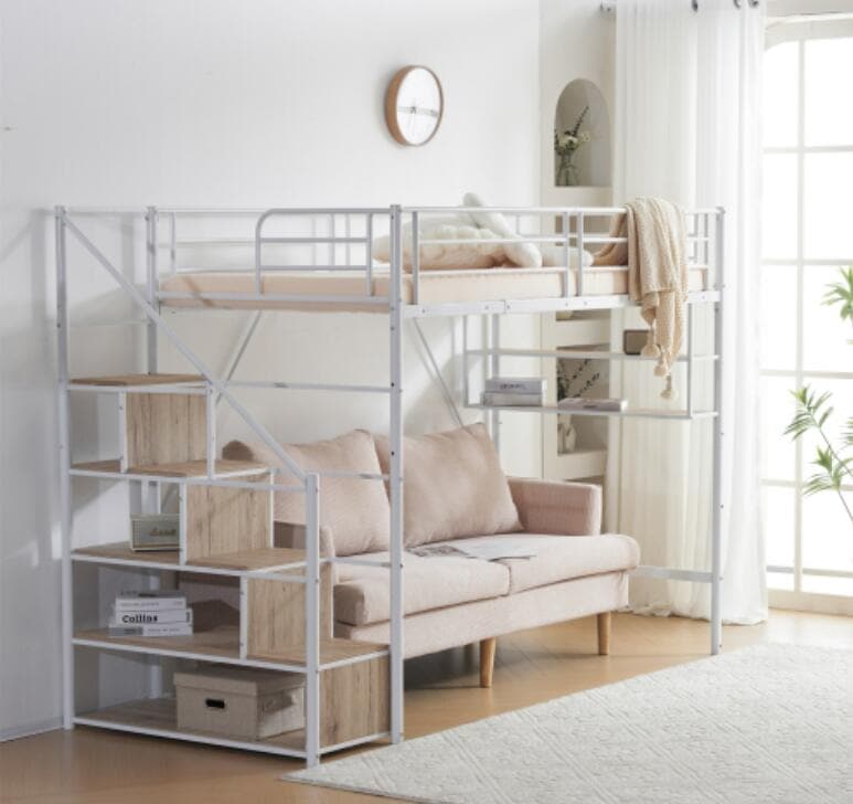 新作 ホワイト　ロフトベッド 片側手すり付き 収納付き パイプベッド シングルベッド 木 北欧風 子供部屋 スチール 耐震 ベッド