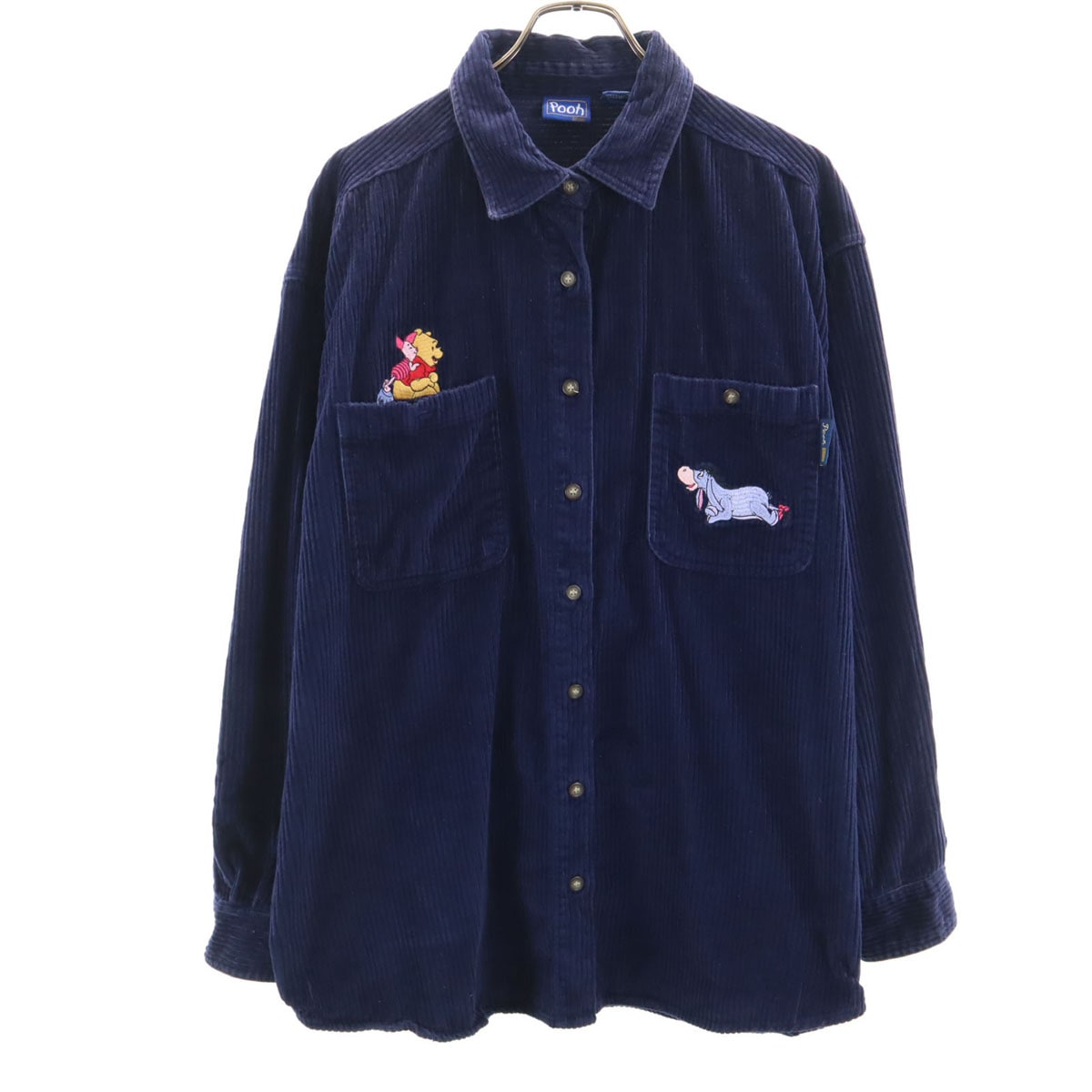 Pooh プー くまのプーさん刺繍 長袖 コーデュロイシャツ XL ネイビー DISNEY ディズニー メンズ 古着