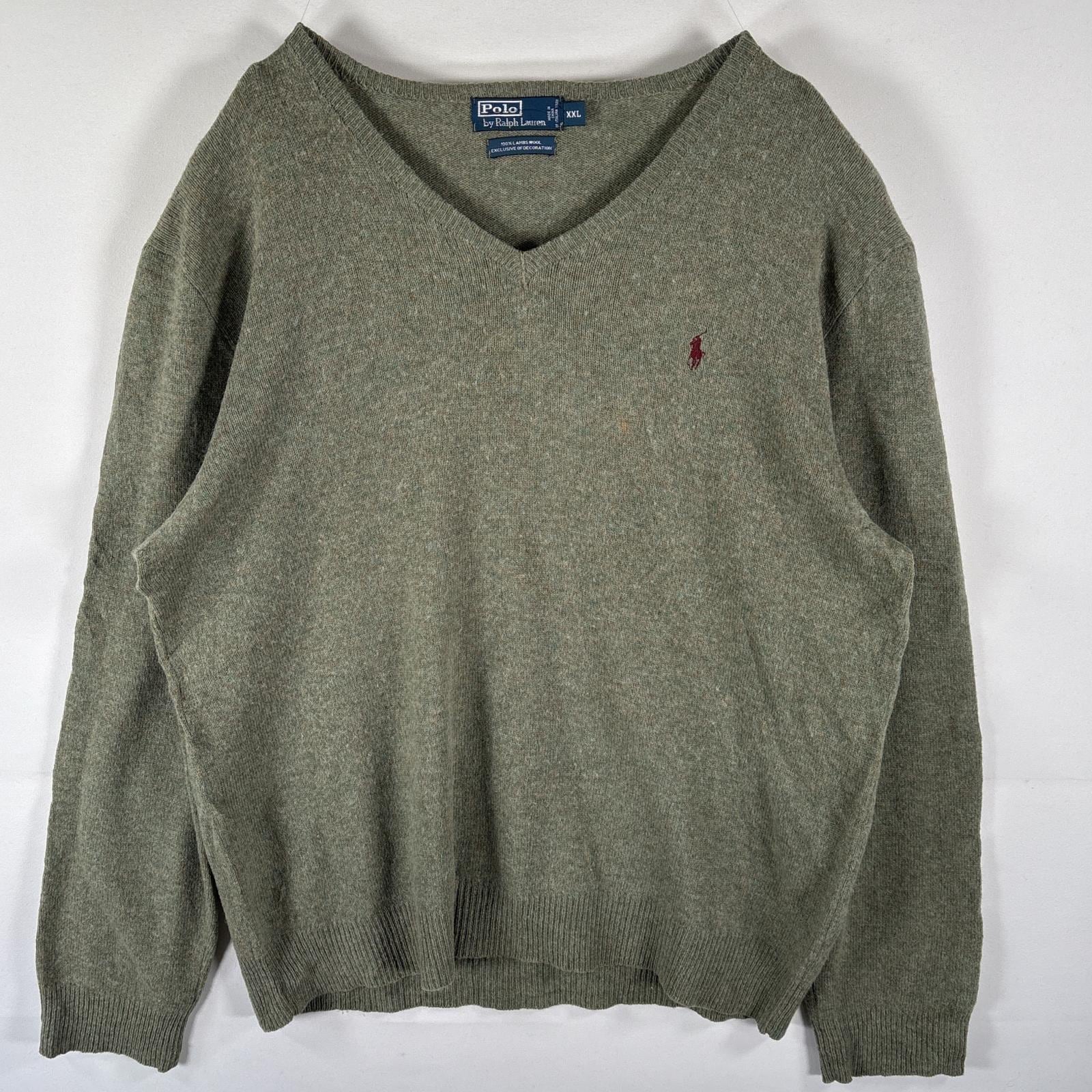 古着 90s/90年代 ポロバイラルフローレン Polo by Ralph Lauren ウールニットセーター Ｖネック ワンポイントロゴ刺繍 XXL グリーン系 メンズ 9,900円