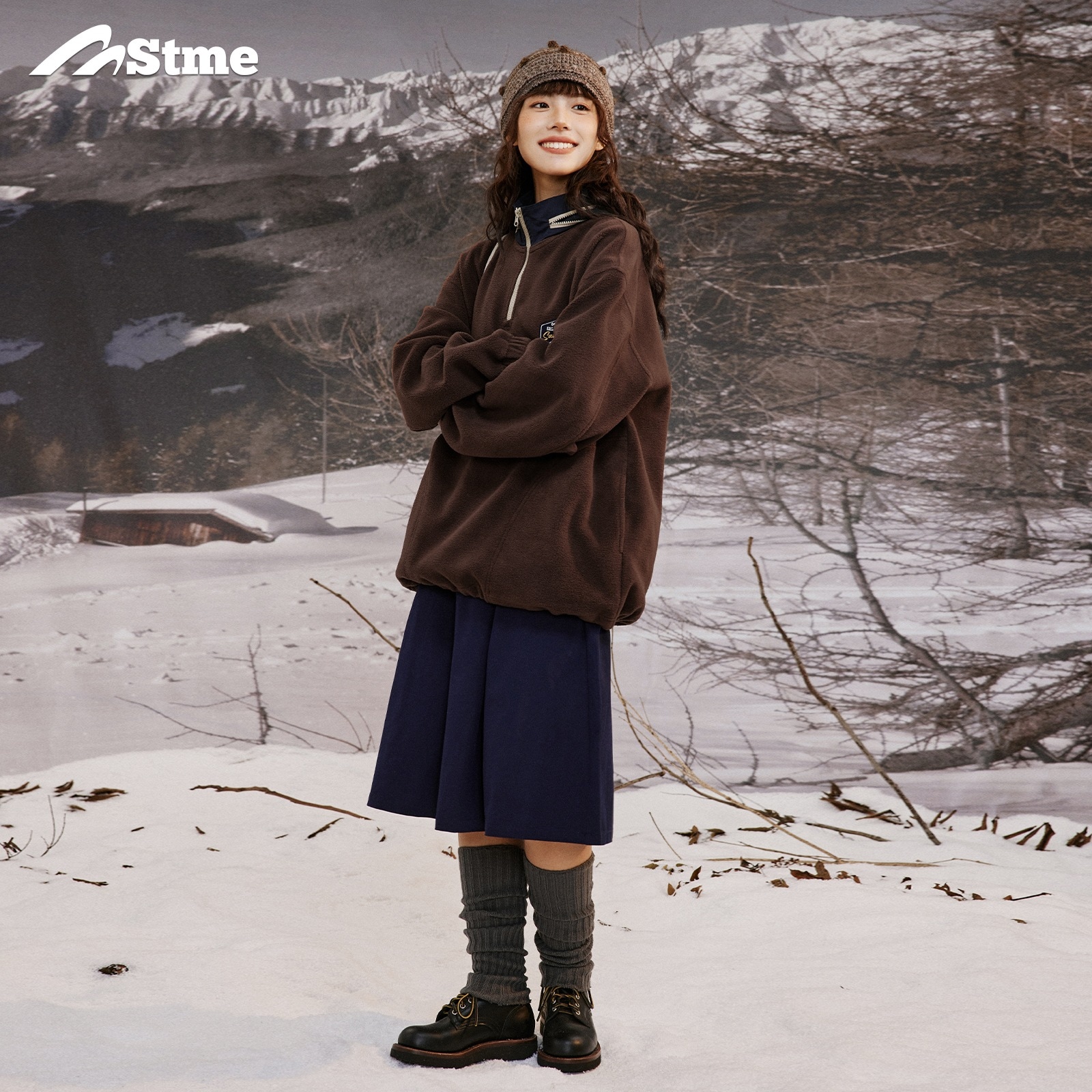 早乙女慶子 Saotome 日本製 レトロ オールマッチ 外装 ポーラーフリース ハーフ オープンカラー フード付き スウェットシャツ