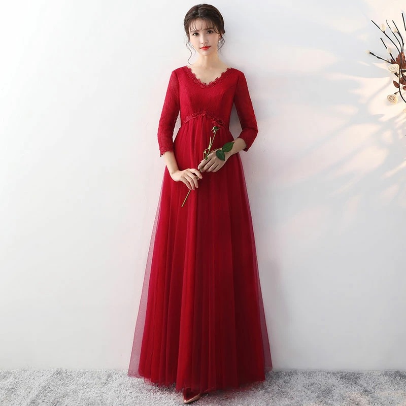 2点購入で200円割引安いウエディングドレス カラードレス ロングドレス マタニティドレス ワインレッド 長袖 ロングスリーブ Vネック ハイウエスト エンパイア 演奏会 発表会 ウェディングドレス