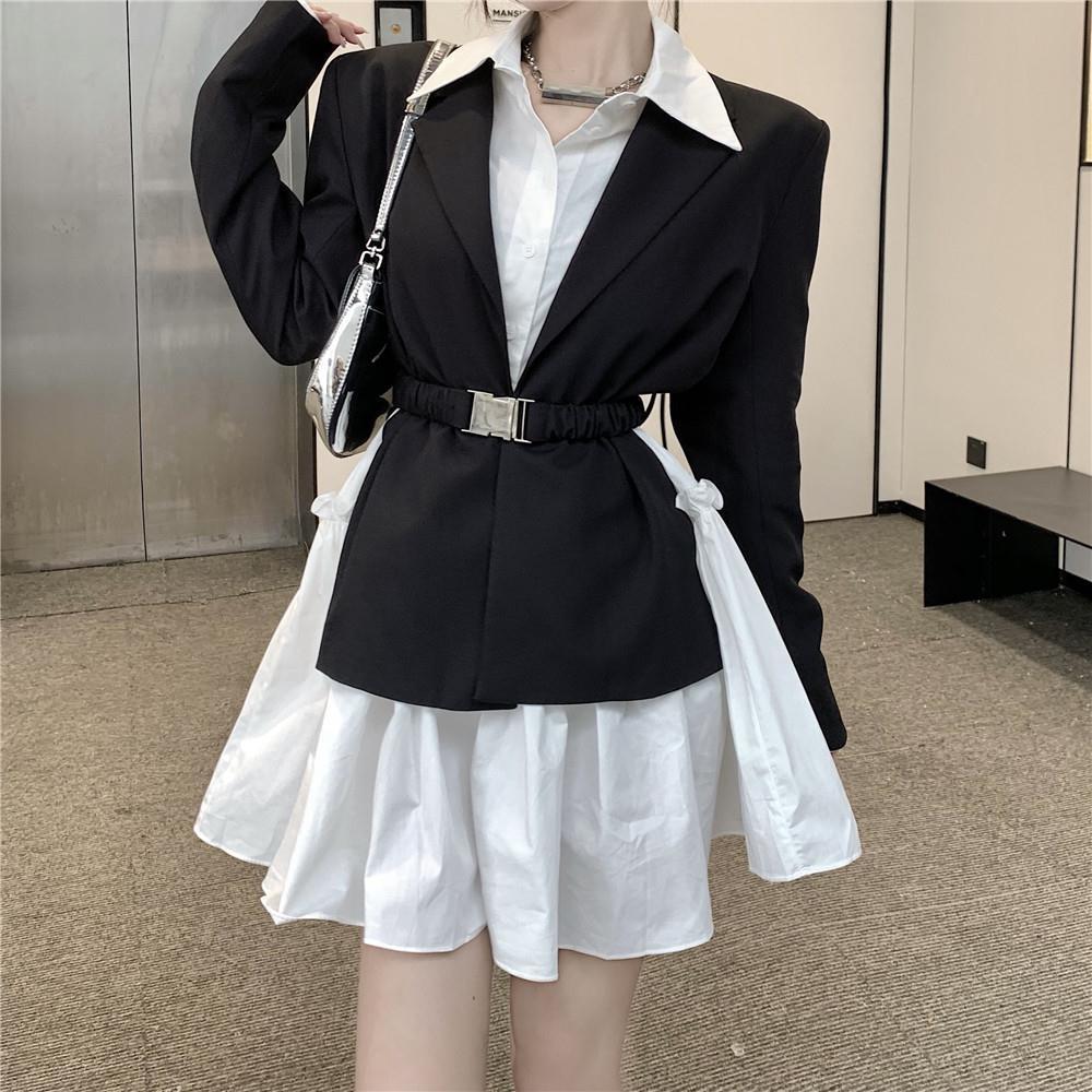 セットアップ レディース シャツ ジャケット S M L XL 韓国 長袖 ポロカラー スリム プリーツ ウエストマーク サイドスリット ポケット 2way かわいい 大人可愛い きれいめ シンプル
