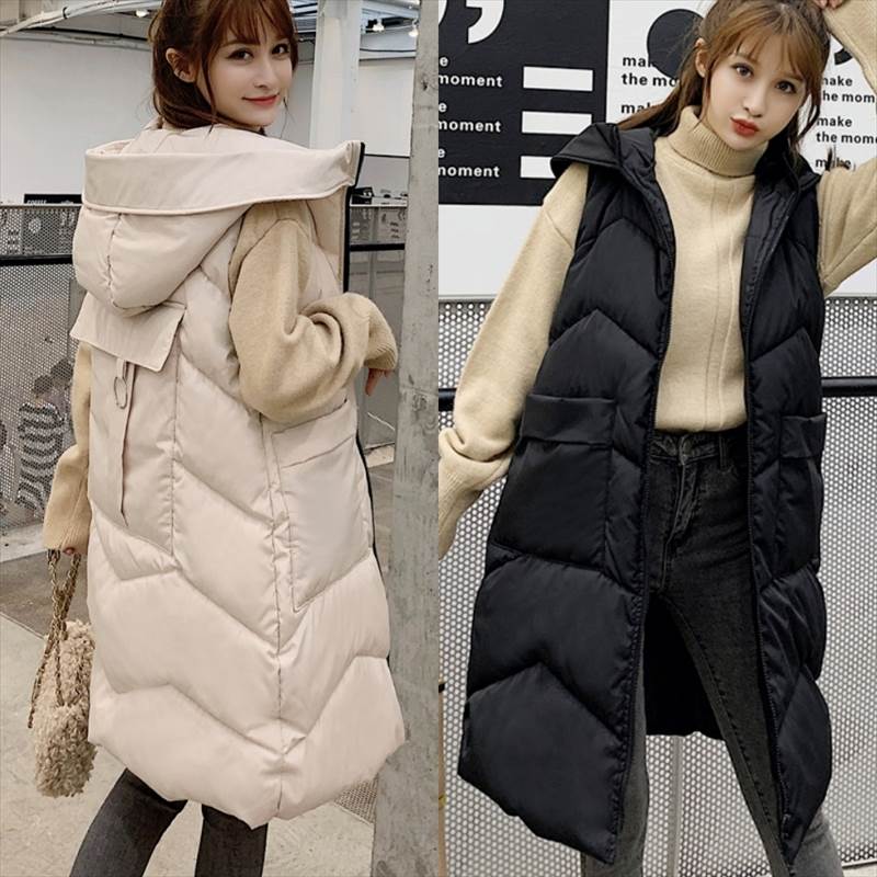 3色 アウター ダウン ベスト レディース ミドル丈 黒 白 大きいサイズ バックシャン 個性的 ブラック ベージュ フード付き もこもこ 袖なし 可愛い 大人可愛い かっこいい おしゃれ カジュアル