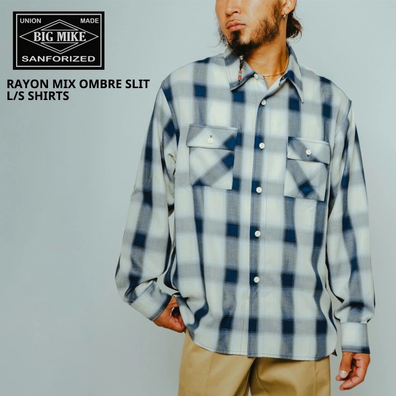 ビッグマイク メンズ チェックシャツ BIG MIKE レーヨン ミックス オンブレ スリット ロングスリーブ シャツ WHT×BLUE 春 秋 薄手 102615201