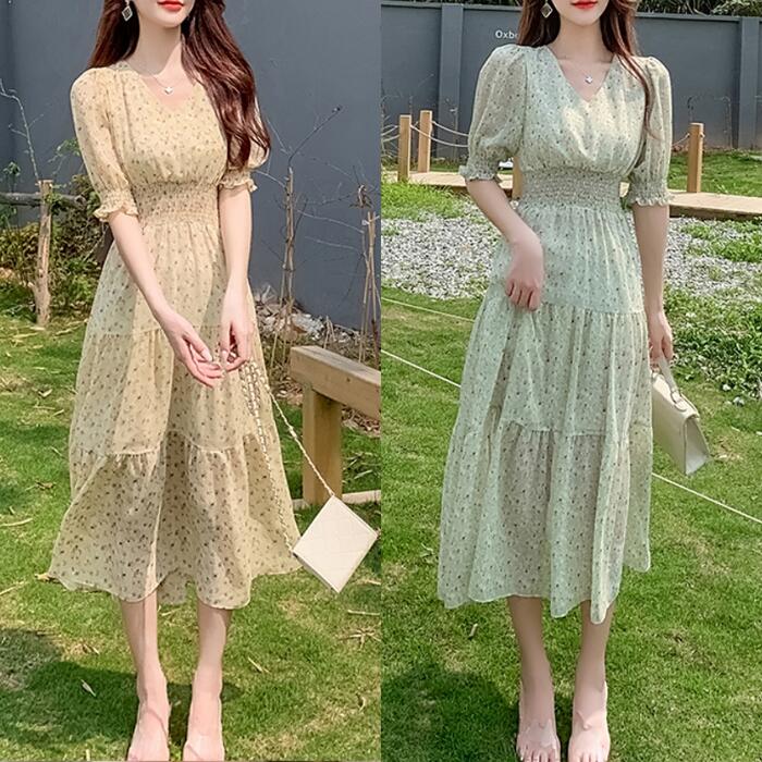 工ガ割-ティアード ワンピース パフスリーブ 花柄 袖あり レディース きれいめ カジュアル 半袖 大人 可愛い ミモレ丈 ハイウエスト シャーリング フレア ナチュラル 韓国 イエロー グリーン 緑