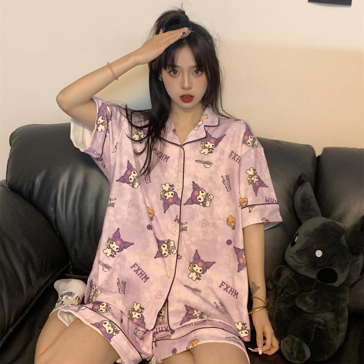 【極速出荷】パジャマ女性風アニメかわいい染ゆるい襟半袖ホームウェアセット