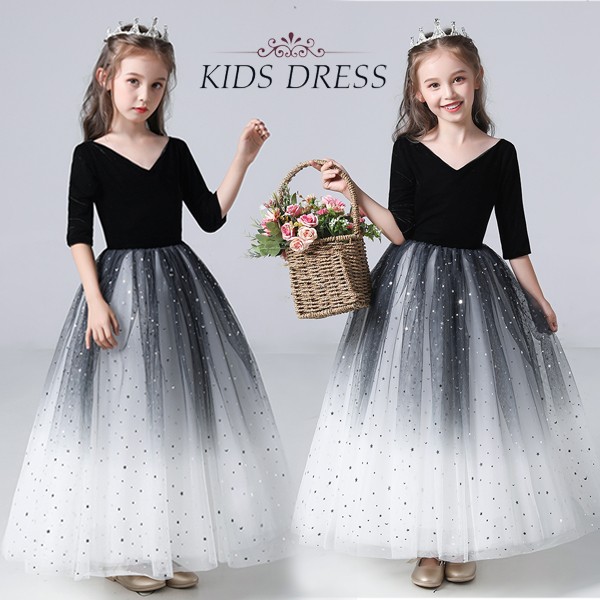 Vネック ピアノ発表会 ドレス キッズ キッズドレス ワンピース ロング 子供ドレス 長袖 五分袖 ブラック 黒 お姫様 上品 可愛い エレガント 女の子 結婚式 子供 フォーマル 大人っぽい 誕生 7,961円