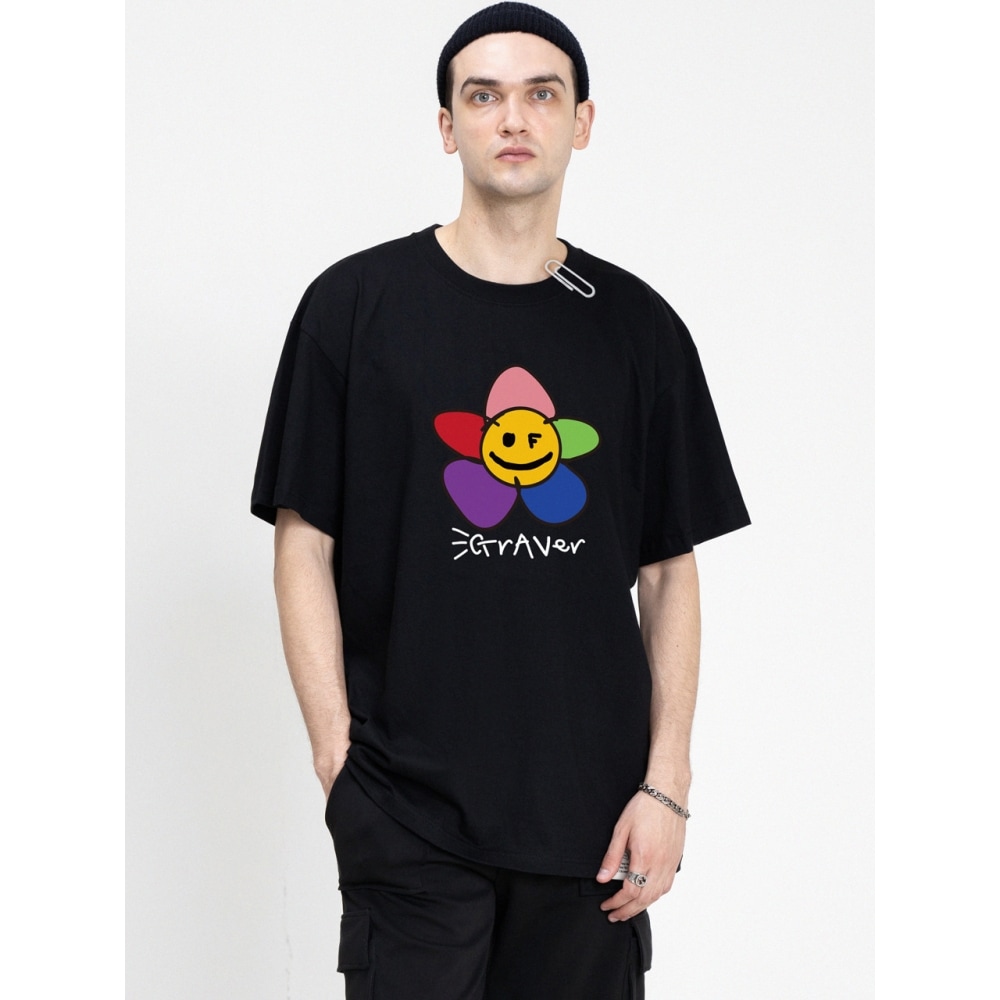 GRAVER レインボーフラワーショートスリーブ T シャツブラック