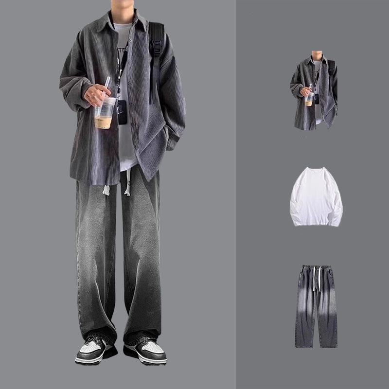 春秋 トレンド シャツスーツ メンズ カジュアル 3点セット高級感 シャツ+Tシャツ+ジーパン セットアップ