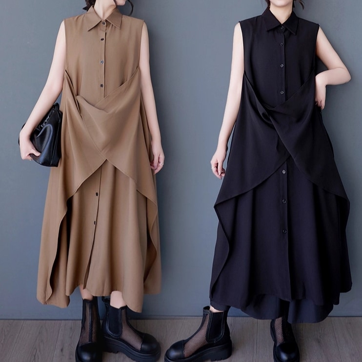 レディース ワンピース ロング ノースリーブ 角襟 ボタン ドッキング かわいい シンプル カジュアル おしゃれ かっこいい ラフ 個性的 クール モード系 エレガント 主役級 存在感 無地 春 夏