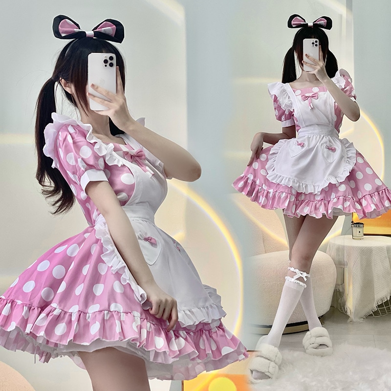 日本楽天アリス水玉メイドコスチュームロリータドレスピンクコスプレ衣装ミッキーコスチューム