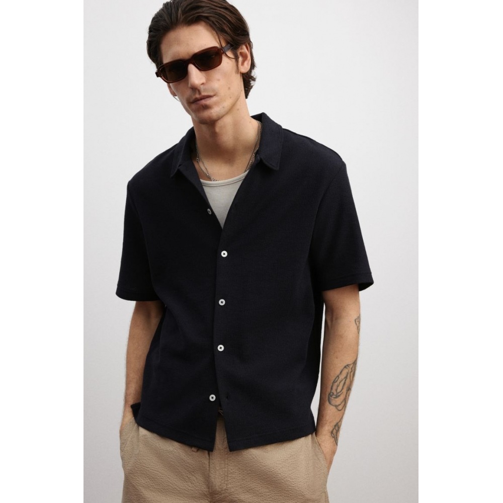 H&M レギュラーフィット ショートスリーブ ジャージシャツ ネイビー