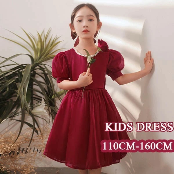 キッズドレス ドレス 子供服 女の子 ガール ピアノ 発表会 子供ドレス ワンピース ワインレッド ラウンドネック リボン 袖あり 半袖 パフスリーブ ひざ丈 かわいい お姫様 上品 エレガント 結婚