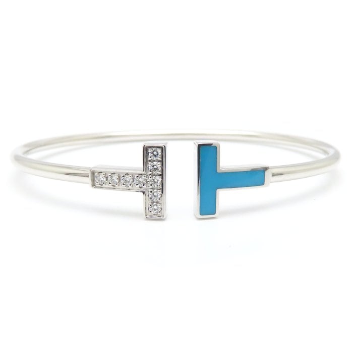 Tワイヤー バングル ターコイズ ダイヤモンド K18WG ホワイトゴールド レディース/294961【中古】