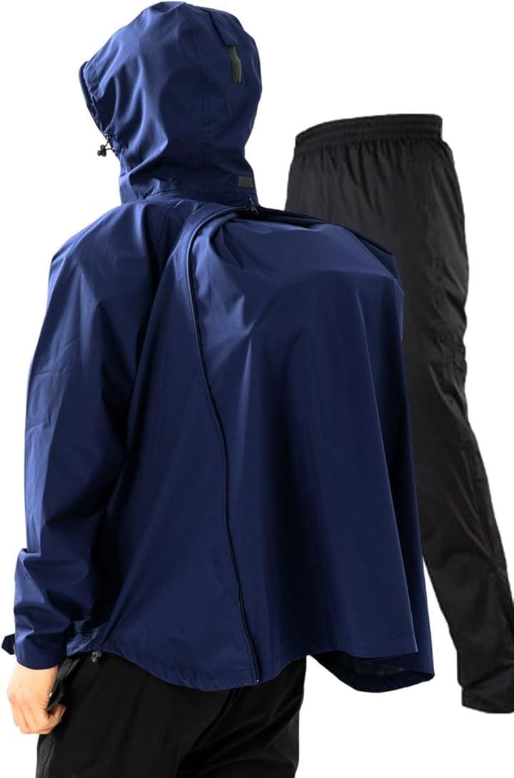 リュックも濡れない レインウェア 上下セット メンズ 防水 雨具 カッパ 自転車 サイクル レインパンツ 登山 釣り バイク(ネイビー, L)