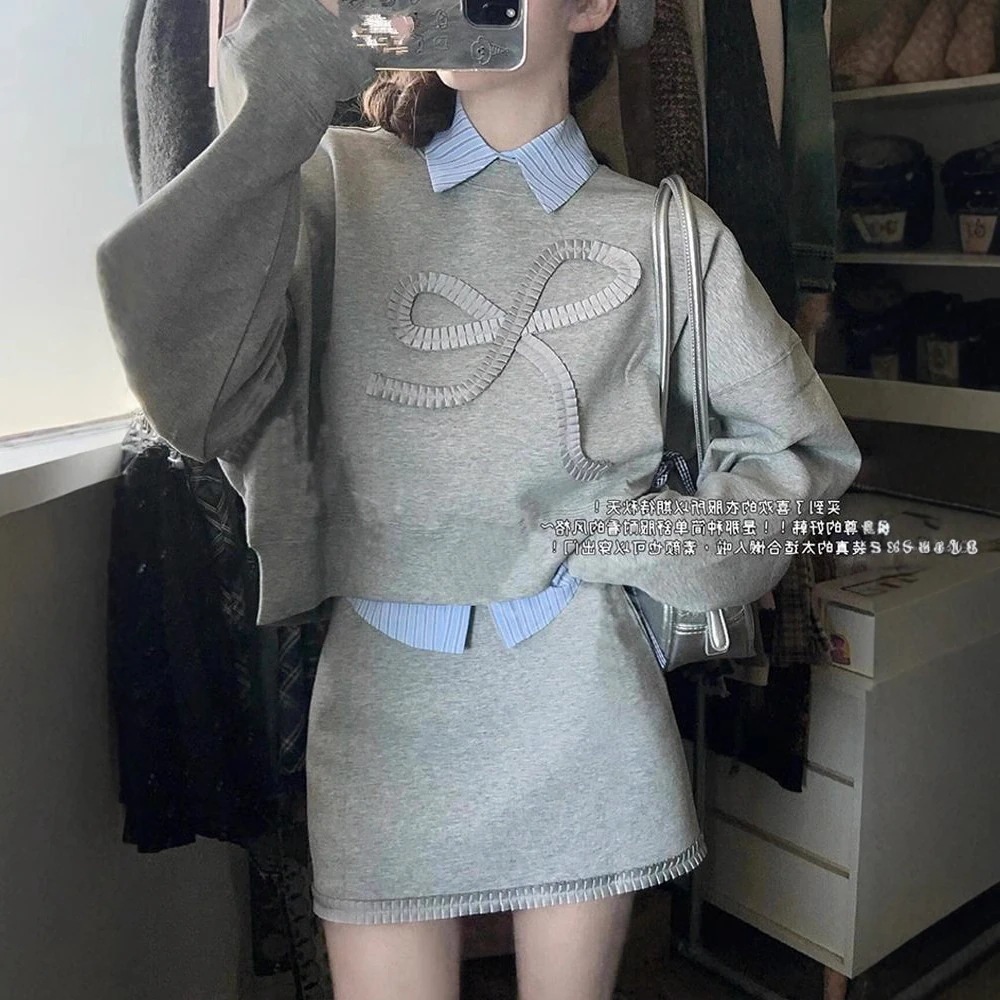ハイエンドのカスタマイズ-初秋の韓国のグレーのスウェットシャツと女性用スカートの完全なセット 2025 新しい小さな年齢を減らすスーツのスカート