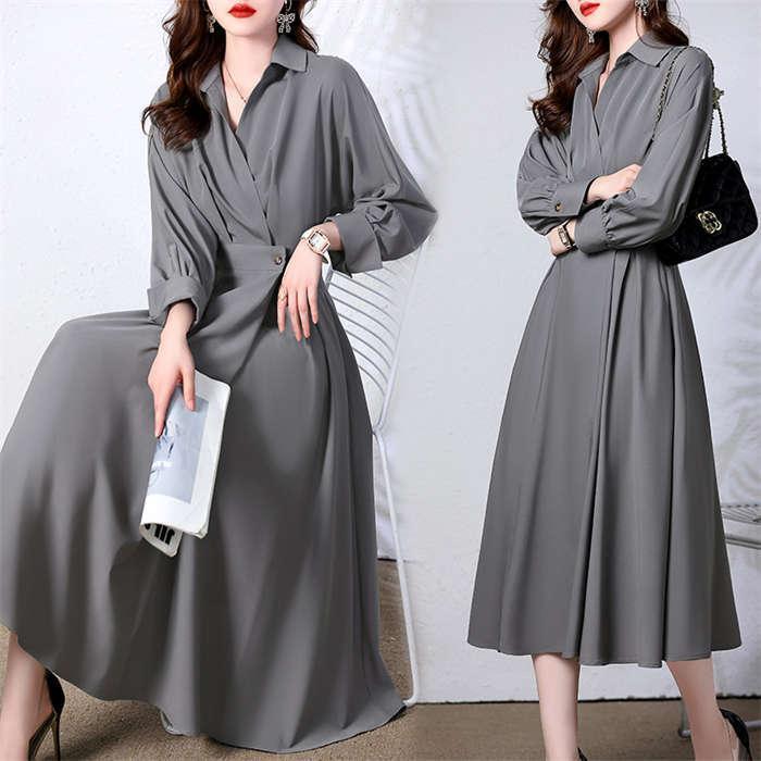 [9月新品底値]ワンピース レーディス Aライン ワンピース Vネック 長袖 シャツワンピ ロングワンピ ロング丈 ワンピース シャツワンピース きれいめ 春 秋推奨