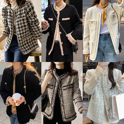 【2枚購入で100円OFF】春コートアウタ ショット丈ツイードコート 長袖ノーカラージャケット レディース ツイードジャケット 品質良い 4,727円