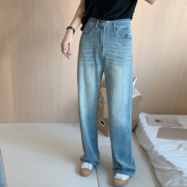 韓国ファッション スマイルポイント セミ ワイド デニム パンツ