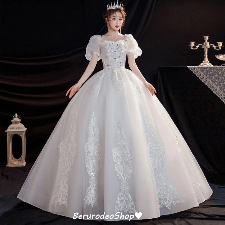 お買い得ウェディングドレス 袖あり パフスリーブ レース キレイめ 白 花嫁ドレス 結婚式ドレス ロングドレス Aライン ウェディングドレス ホワイト 海外挙式 二次会