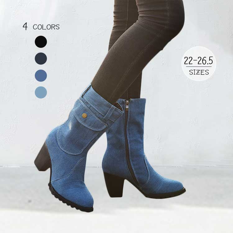 26.5cm 26cm 大きいサイズ ラウンドトゥ靴 ダブルベルト カジュアル デニム ショートブーツ プレーンタイプ エンジニアブーツ デニム 太ヒール ブーツ シューズ レディース