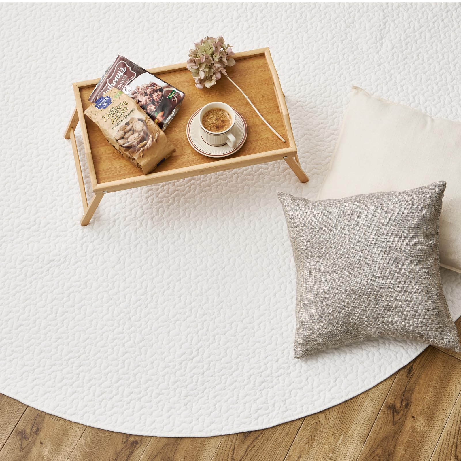 萩原 ラグ イブル デコール アイボリー 直径約190cm 円形 キルトラグ マルチカバー 洗濯機で洗える 滑り止め付き