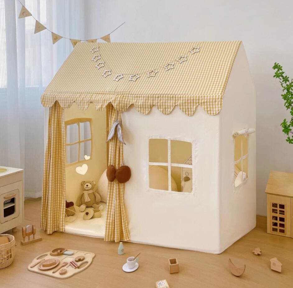 プレイハウス プレイテント キッズテント 可愛い ベビーテント 赤ちゃん ゲームハウス テント+カーテン+フロアマット 木製 丈夫 チェック柄 お姫様 子供テント 男の子 女の子 室内 おままごと プ